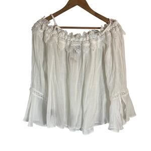 White Semi-Sheer Crochet Trim‎ Blouse XL Bell Sleeve Fairycore Boho Western